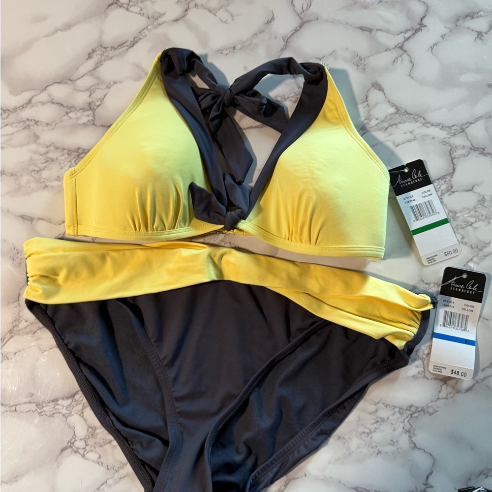 Anne Cole Two-Tone Yellow and Gray Bikini top size large / size XL bottoms